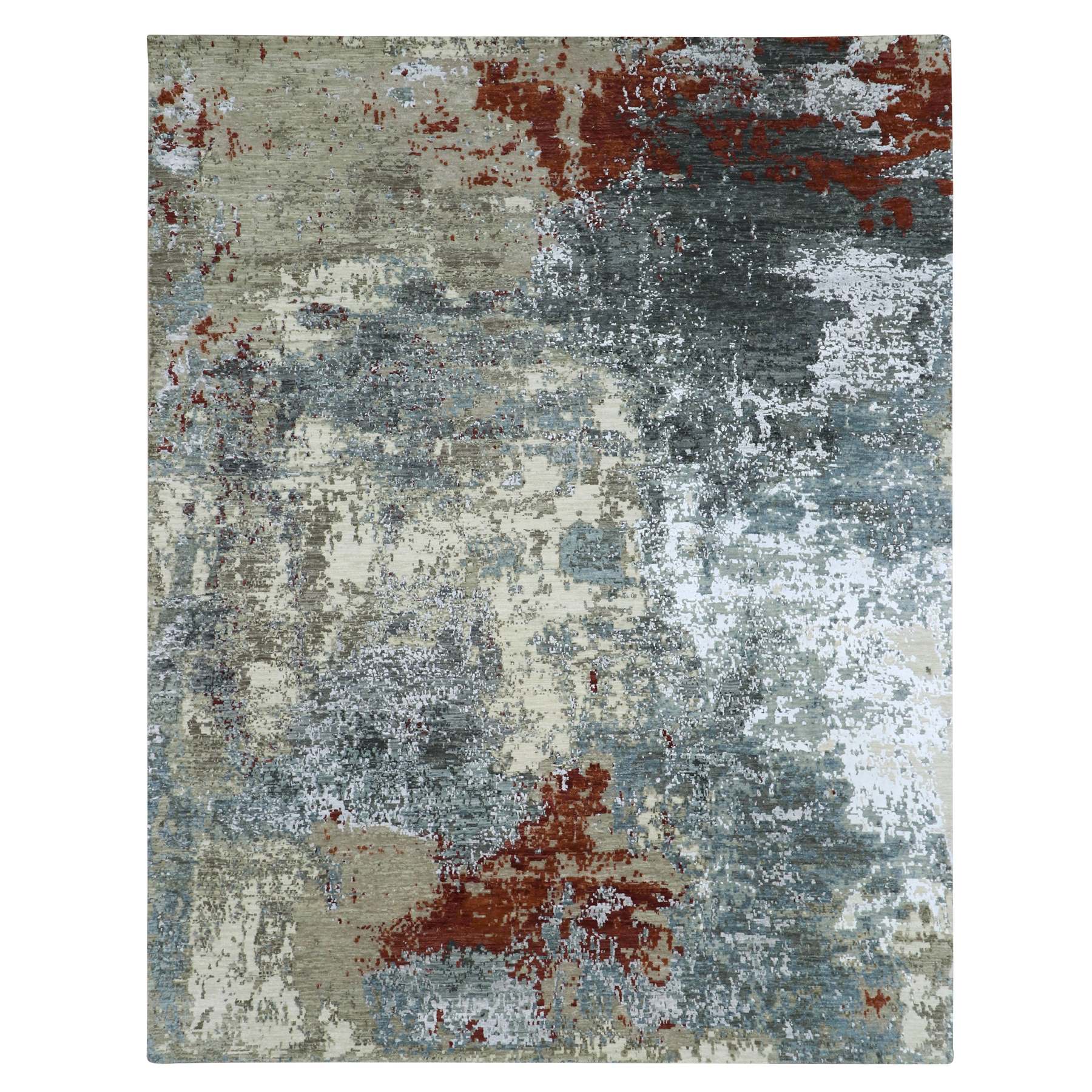 Blue with Beige, Persian Knot, Abstract with Galaxy Design, 100% Wool, Hand Knotted, Densely Woven, Oriental Rug